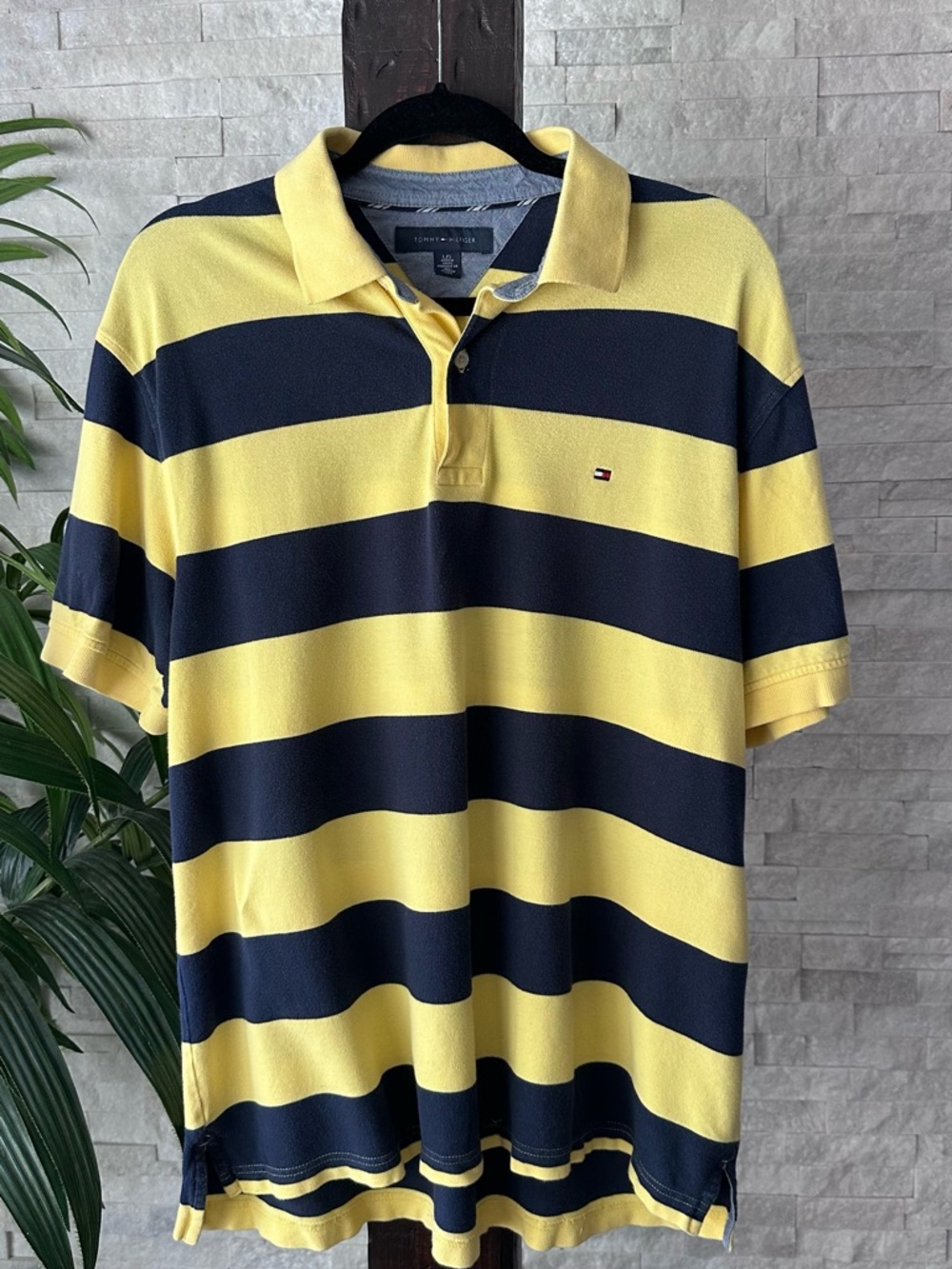Tommy Hilfiger Yellow & Navy Blue Rugby Stripe Cotton Polo Shirt Size L